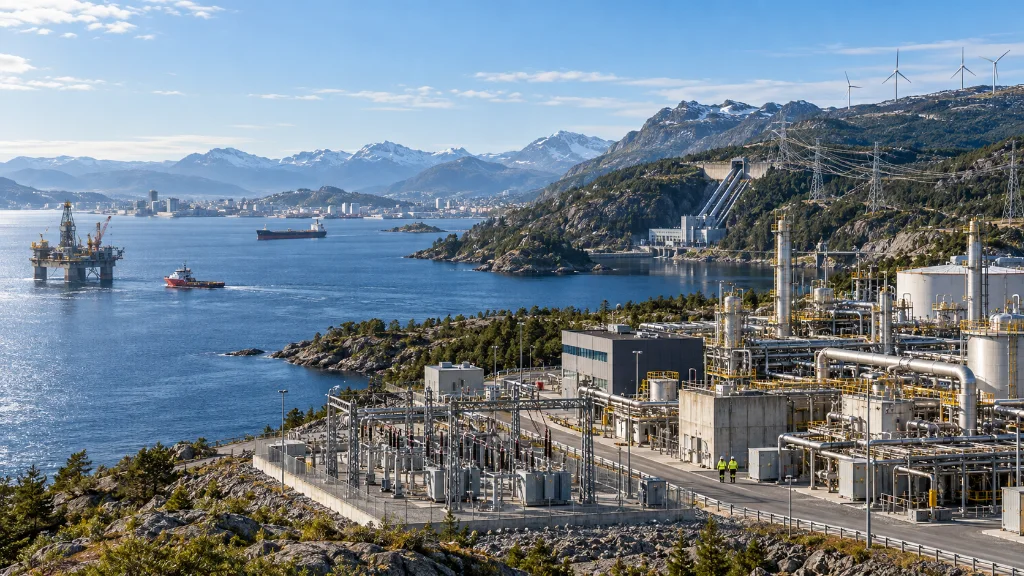 Fjord med plattform, vannkraftverk, transformatorstasjon og prosessanlegg